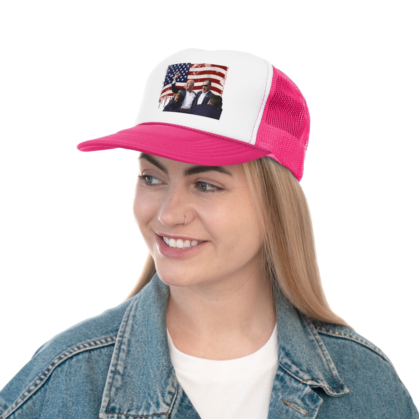 President Raising Fist Over Flag Trucker Hat, Funny Hats, Gift Hat, Parody Trucker Hat, Trendy Hats, Meme Hat