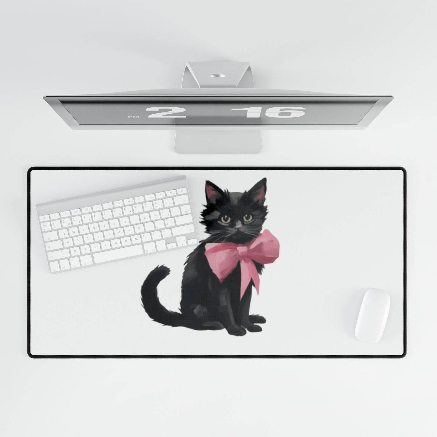 Cat With Pink Ribbon Meme Desk Mats