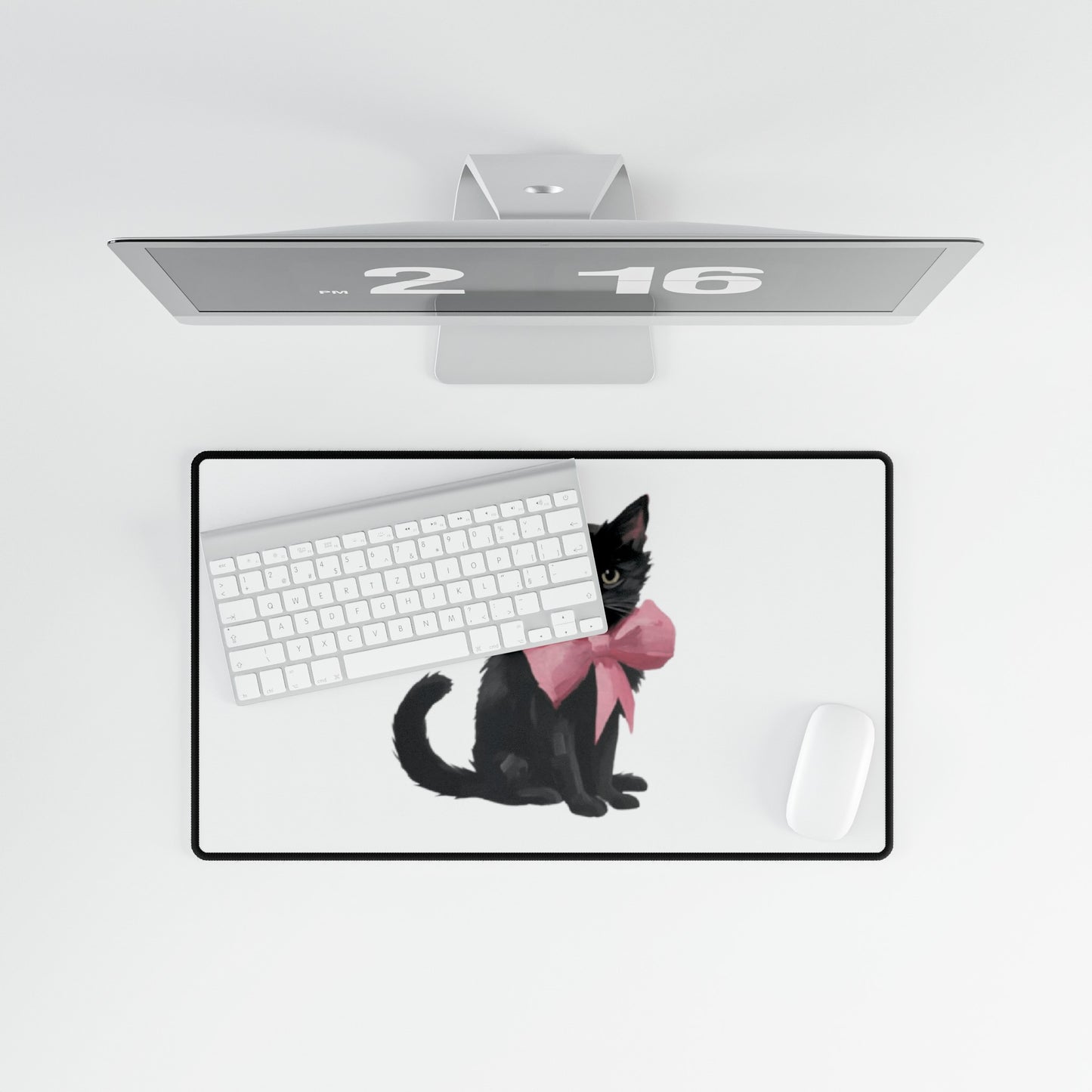 Cat With Pink Ribbon Meme Desk Mats