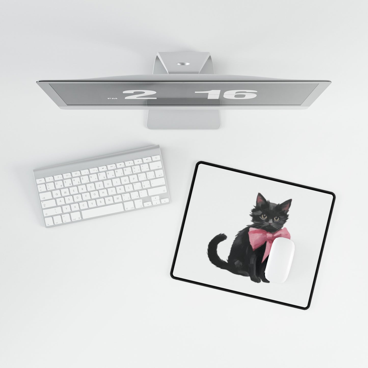 Cat With Pink Ribbon Meme Desk Mats