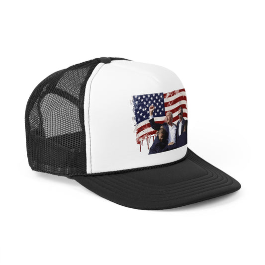 President Raising Fist Over Flag Trucker Hat, Funny Hats, Gift Hat, Parody Trucker Hat, Trendy Hats, Meme Hat