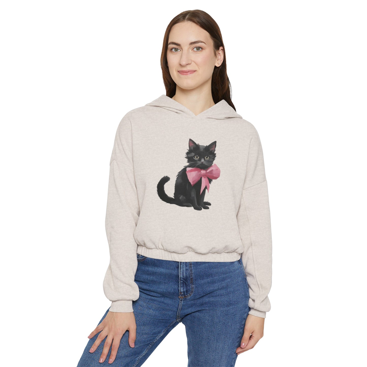 Cat With Pink Bow Women's Cinched Bottom Hoodie