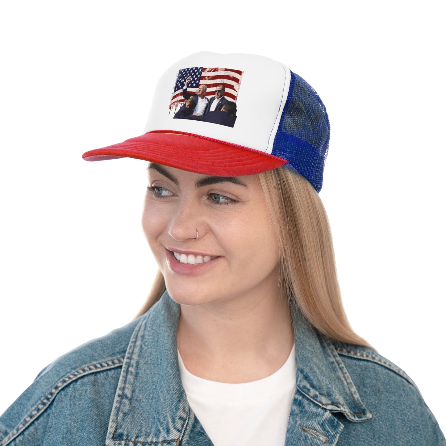 President Raising Fist Over Flag Trucker Hat, Funny Hats, Gift Hat, Parody Trucker Hat, Trendy Hats, Meme Hat